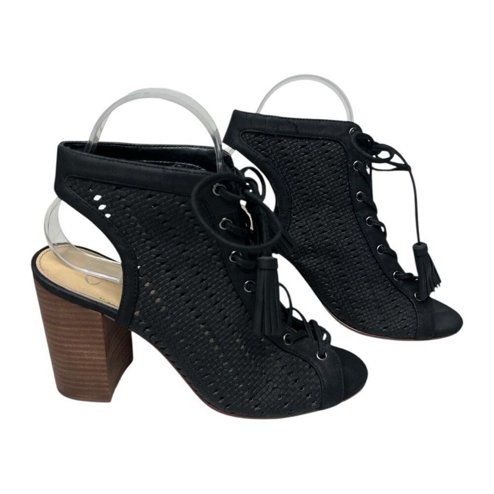 Jessica Simpson Black Peep Toe Lace Up Block Heel Bootie Shoe Sz 7.5‎
